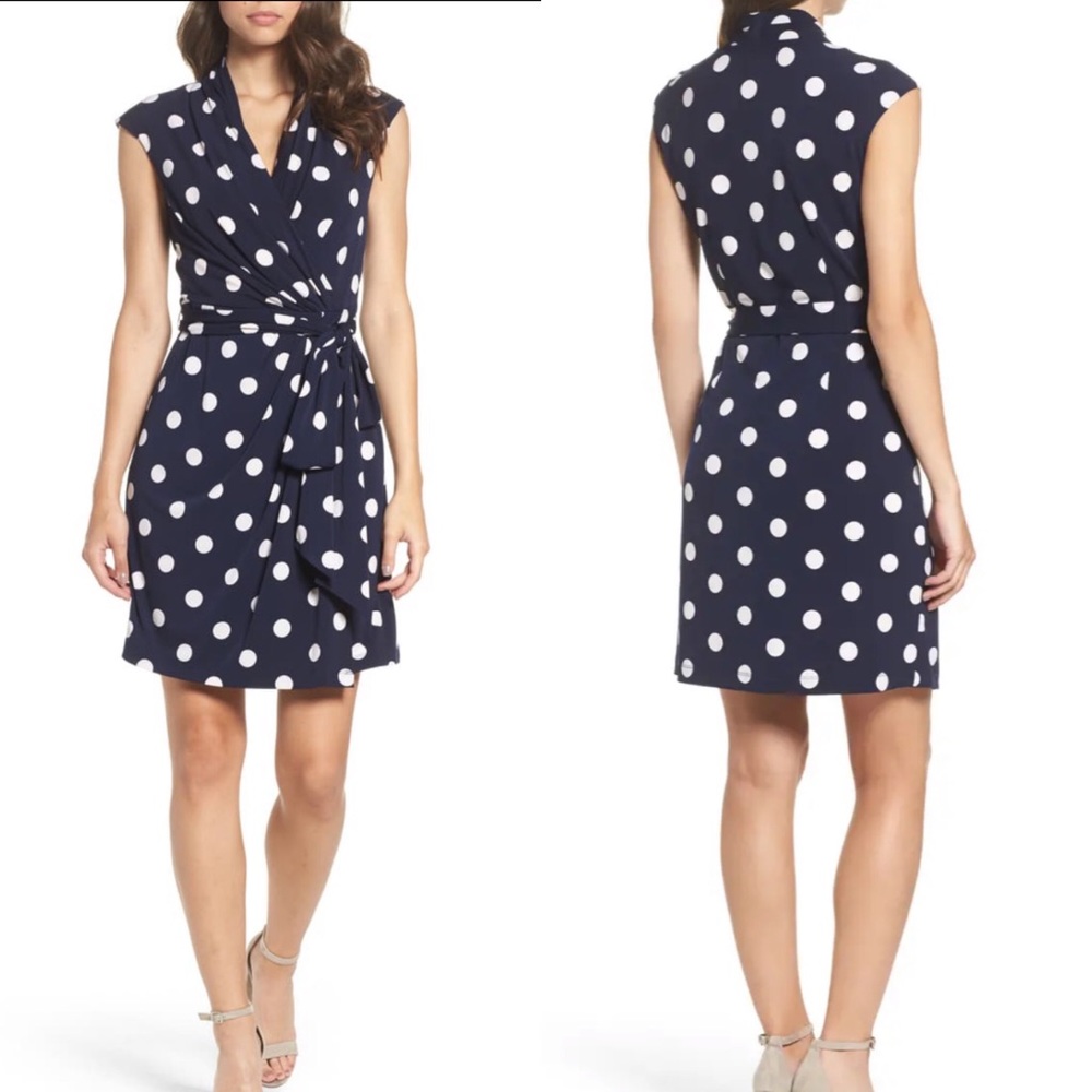 ELIZA J Polka Dot Jersey Faux Wrap Dress